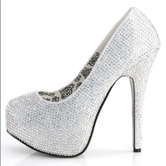 TEEZE-06R SILVER SATIN-IRIDESCENT RHINESTONE PLATFORM PUMPS STRIPPER HEELS - Picture 2 of 3